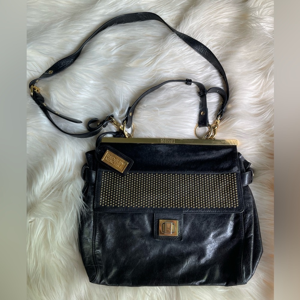 Badgley Mischka Black Leather and Cow Hair Bag
